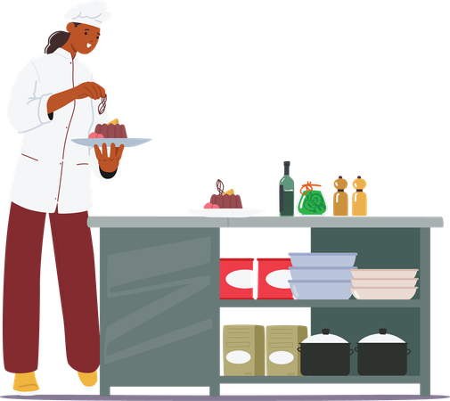 Frau Köchin dekoriert gekochten Gelee-Kuchen süßes Dessert in Restaurantküche  Illustration