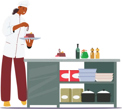 Frau Köchin dekoriert gekochten Gelee-Kuchen süßes Dessert in Restaurantküche  Illustration