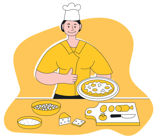 Weibliche Köchin macht Pizza  Illustration