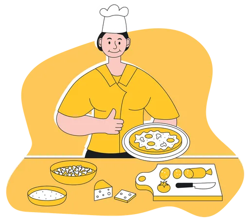 Weibliche Köchin macht Pizza  Illustration