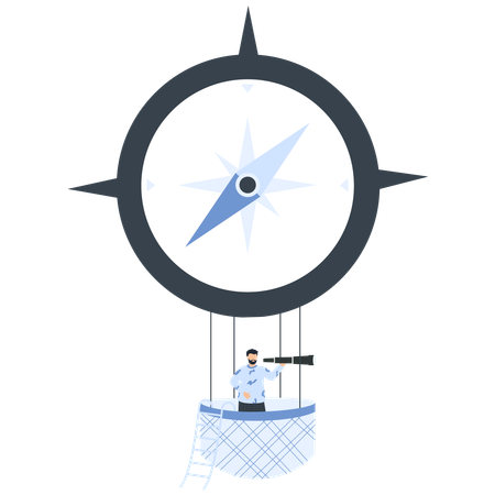 Kompass führt einen Geschäftsmann in einem Heißluftballon  Illustration