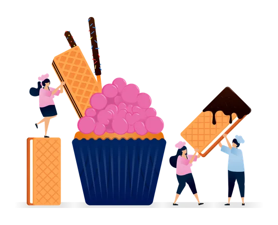 Koch macht Cupcake mit rosa Zuckerguss-Sandwich und schokoladeüberzogenen Keksstreifen  Illustration