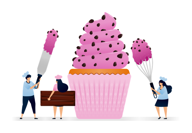 Koch macht Cupcakes mit rosa Erdbeerglasur und überzogen mit dunklen Schokoladenstücken  Illustration