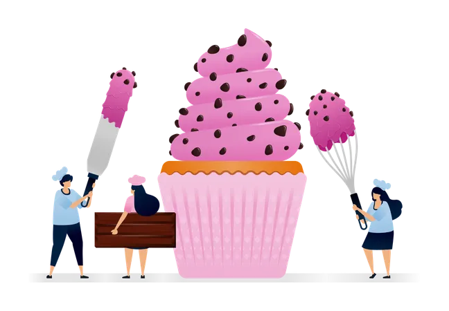 Koch macht Cupcakes mit rosa Erdbeerglasur und überzogen mit dunklen Schokoladenstücken  Illustration