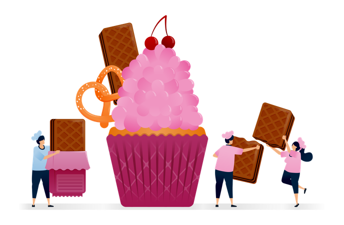 Koch macht Cupcakes mit rosa Sahnehaube und Schokoladenwaffelschicht und Salzbrezel  Illustration