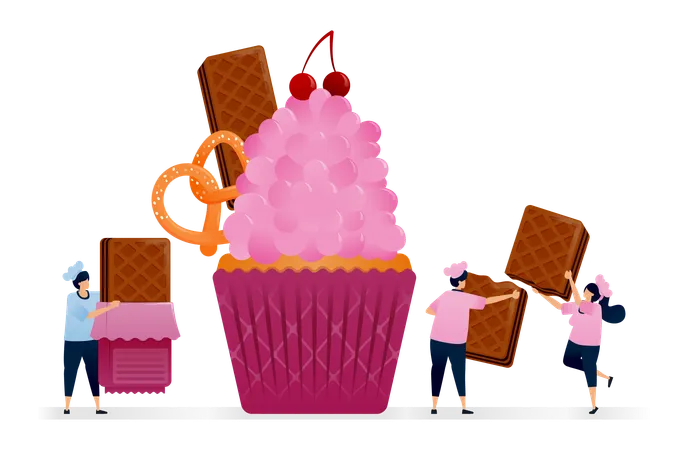 Koch macht Cupcakes mit rosa Sahnehaube und Schokoladenwaffelschicht und Salzbrezel  Illustration