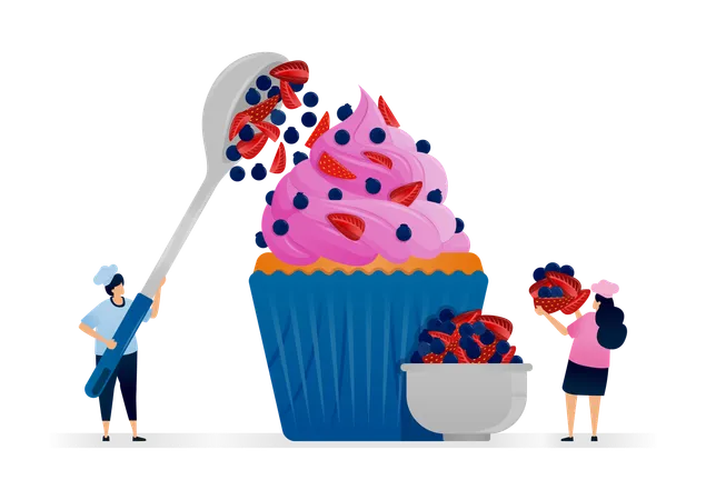 Koch macht Cupcakes mit rosa Sahnehaube und Heidelbeeren gemischt mit Erdbeerstücken  Illustration