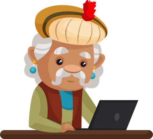König Akbar arbeitet am Laptop  Illustration