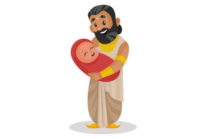König Janaka trägt ein Kind auf dem Arm  Illustration