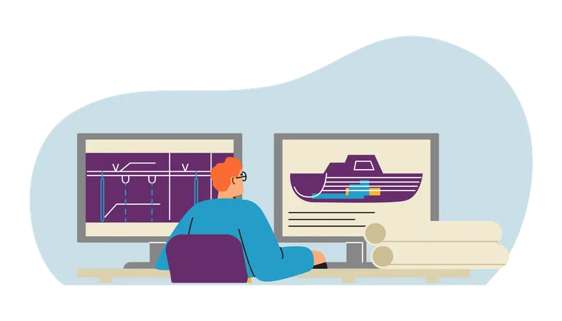 Konstrukteur erstellt technischen Entwurf des Schiffes am Computer  Illustration