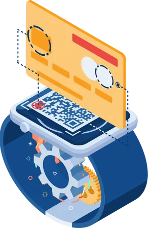 Flache Isometrische 3 D Kreditkarten QR Zahlung Auf Smartwatch Konzept Der Kontaktlosen Tragbaren Zahlungstechnologie Illustration
