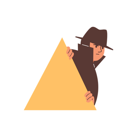 Konzentrierter junger Mann mit Hut und Regenmantel späht um die Ecke  Illustration