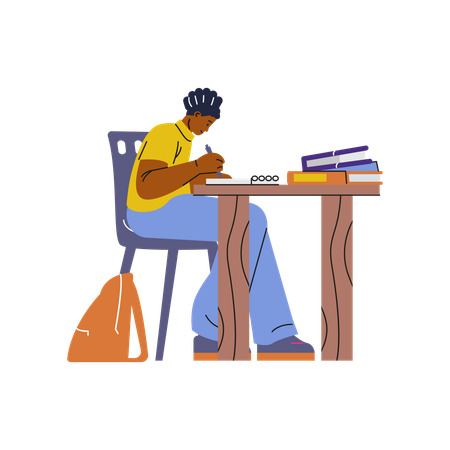 Konzentrierter Student, tief in das Studium vertieft, mit einem Stapel Bücher auf einem Holzschreibtisch  Illustration