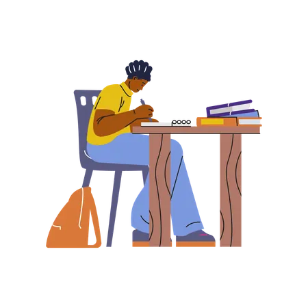 Konzentrierter Student, tief in das Studium vertieft, mit einem Stapel Bücher auf einem Holzschreibtisch  Illustration