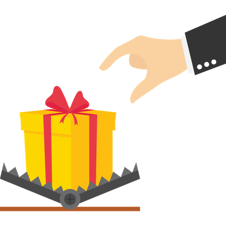 Konzept der Täuschung oder des Betrugs. Geschäftsmann versucht, eine gefangene Geschenkbox zu fangen  Illustration