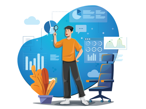 Konzept der Manageranalyse von Berichten und Infografik-Informationen  Illustration