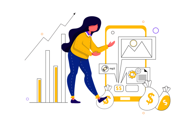 Konzept des Verkaufs digitaler Produkte über Mobilgeräte  Illustration