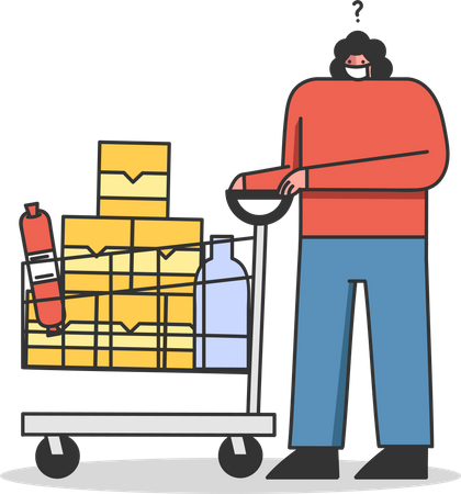 Konzept einer Quarantäne während des Coronavirus-Kunde Frau mit Einkaufswagen voller Lebensmittel im Supermarkt trägt Schutzmaske für ihre Sicherheit  Illustration