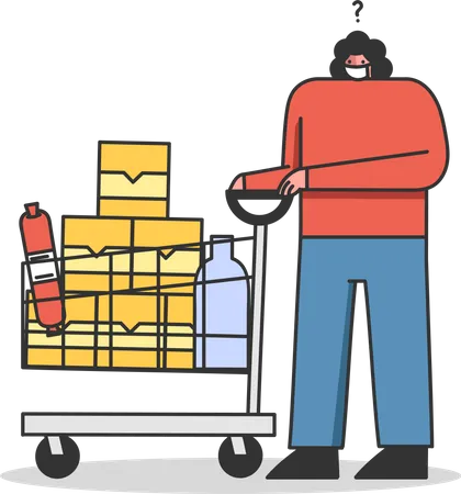 Konzept einer Quarantäne während des Coronavirus-Kunde Frau mit Einkaufswagen voller Lebensmittel im Supermarkt trägt Schutzmaske für ihre Sicherheit  Illustration