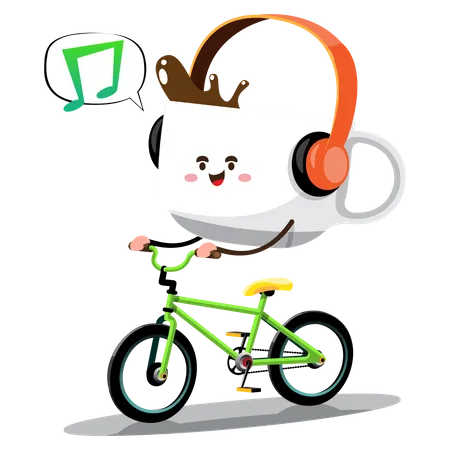 Konzept. Herr Coffee fährt Fahrrad, um sich nach einem harten Arbeitstag zu entspannen. Er hört beim Radfahren Musik. Flaches Vektorillustrationsdesign  Illustration