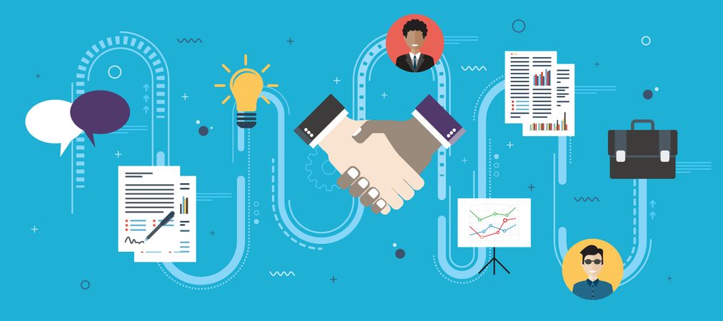Kooperationsstrategie und Handschlag bei Vertragsunterzeichnung  Illustration