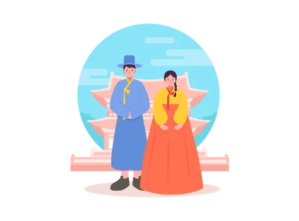 Korean couple in traditional clothes  Illustration