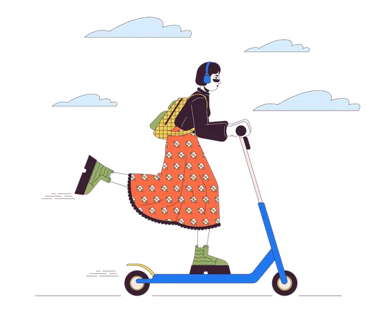 Korean Fashionable Woman Riding Electric Scooter Line Cartoon Flat Illustration Asian Female On E Scooter 2 D Lineart Character Isolated On White Background Urban Mobility Scene Vector Color Image Illustration