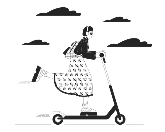 Korean Fashionable Woman Riding Electric Scooter Black And White Cartoon Flat Illustration Asian Female E Scooter 2 D Lineart Character Isolated Urban Mobility Monochrome Scene Vector Outline Image Illustration