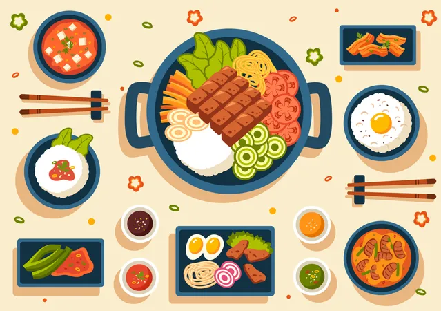 Korean Food Vector Illustration Featuring A Set Menu Of Various Traditional And Delicious National Dishes In A Flat Cartoon Style Background Illustration