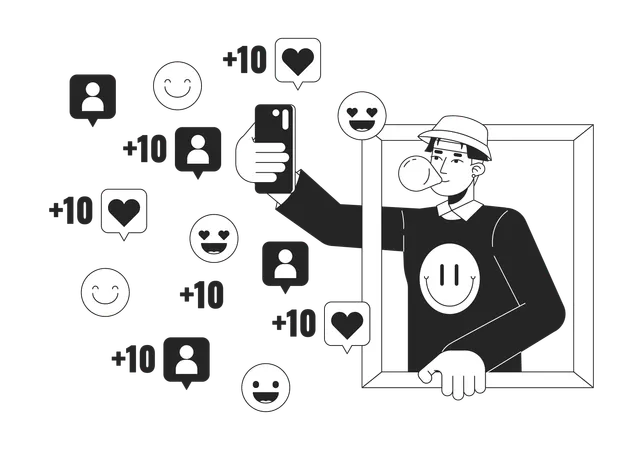 Korean Guy Making Selfie For Social Media Black And White 2 D Line Cartoon Character Asian Young Male Blogger Isolated Vector Outline Person Fashion Influencer Monochromatic Flat Spot Illustration Illustration