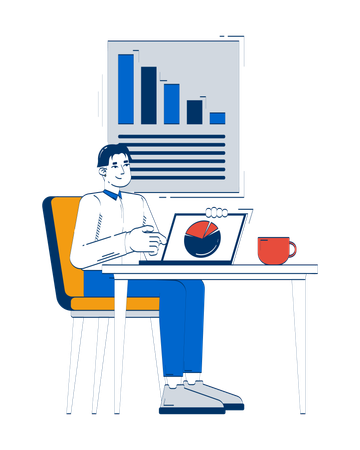 Korean male office worker analyzing charts on laptop at desk  Illustration
