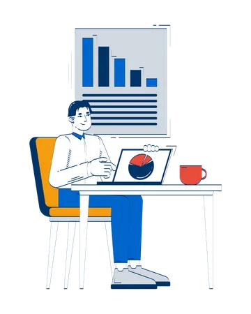 Korean male office worker analyzing charts on laptop at desk  Illustration