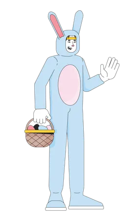 Korean Man In Easter Bunny Costume 2 D Linear Cartoon Character Funny Animal Suit Guy Isolated Line Vector Person White Background Rabbit Mascot Holding Basket Color Flat Spot Illustration Illustration