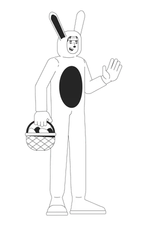 Korean Man In Easter Bunny Costume Black And White 2 D Line Cartoon Character Funny Animal Suit Guy Isolated Vector Outline Person Rabbit Mascot Holding Basket Monochromatic Flat Spot Illustration Illustration