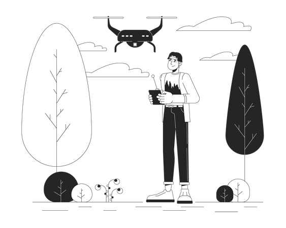 Korean man with drone in park  Illustration