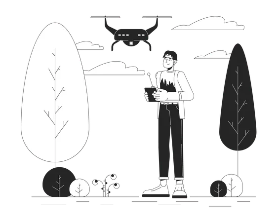 Korean man with drone in park  Illustration