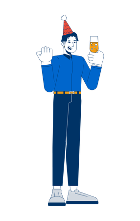 Korean office worker in party hat holding sparkling wine glass  Illustration