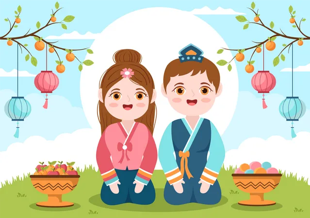 Korean people celebrate Chuseok Day  Illustration