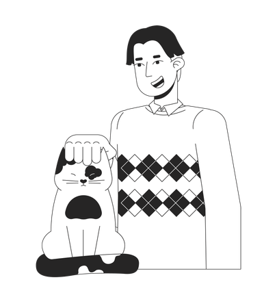 Korean teenage boy petting cat  イラスト