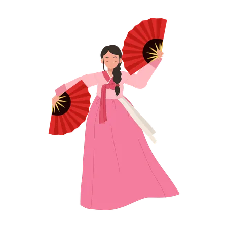 Korean Woman In Hanbok Performing Traditional Fan Dance Illustration