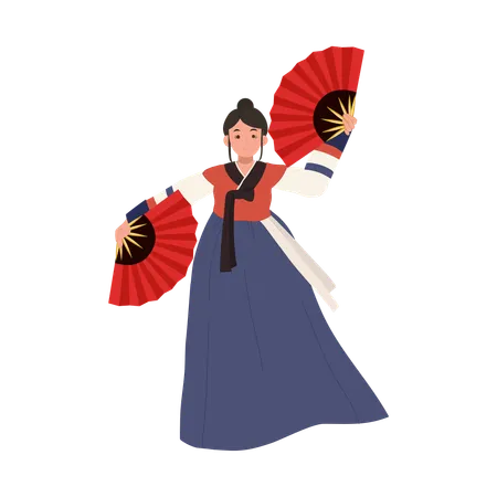 Korean woman in hanbok performing traditional fan dance  Illustration