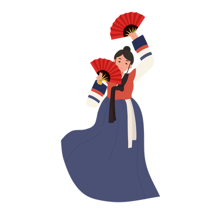 Korean woman in hanbok performing traditional fan dance  Illustration