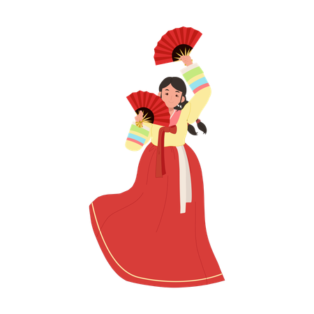 Korean woman in hanbok performing traditional fan dance  Illustration