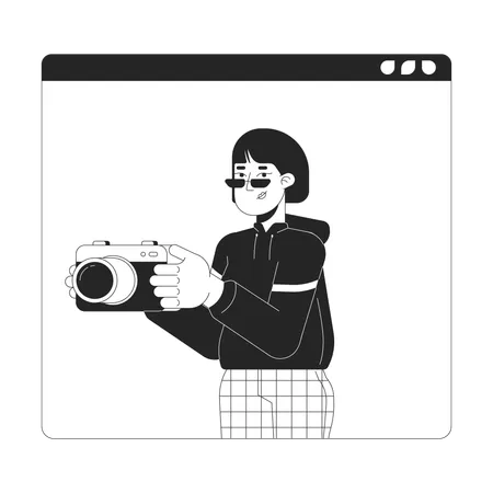 Korean Woman Photographer On Web Site Black And White 2 D Line Cartoon Character Japanese Female Holding Camera Isolated Vector Outline Person Creative Hobby Monochromatic Flat Spot Illustration Illustration