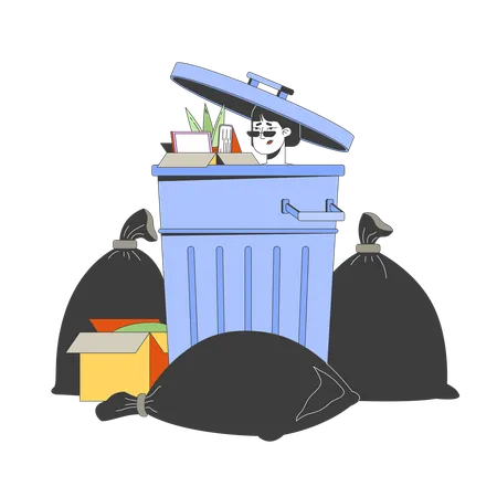 Korean woman with staff box in trash bin  Illustration