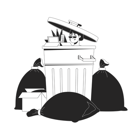 Korean woman with staff box in trash bin  Illustration