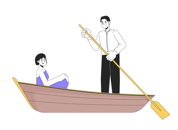 Korean Young Adult Couple On Boat Ride 2 D Linear Cartoon Characters Romantic Asian Boyfriend Girlfriend Isolated Line Vector People White Background Lake Romance Color Flat Spot Illustration Illustration