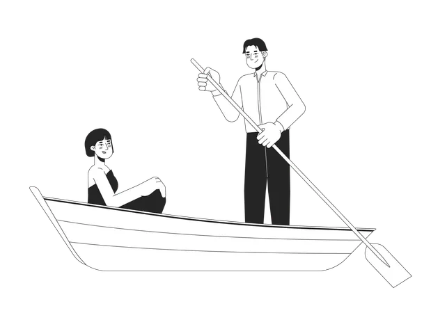 Korean Young Adult Couple On Boat Ride Black And White 2 D Line Cartoon Characters Romantic Asian Boyfriend Girlfriend Isolated Vector Outline People Lake Romance Monochromatic Flat Spot Illustration Illustration