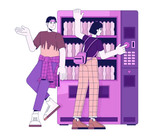 Korean Young Couple Leaning On Vending Machine 2 D Linear Cartoon Characters Boyfriend Girlfriend Isolated Line Vector People White Background Purchase Beverage Automatic Color Flat Spot Illustration Illustration