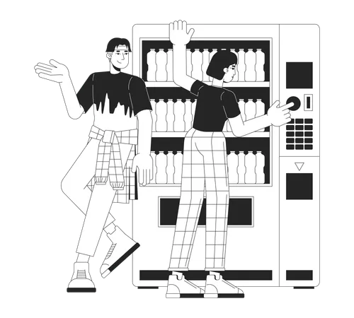 Korean Young Couple Leaning On Vending Machine Black And White 2 D Line Cartoon Characters Boyfriend Girlfriend Isolated Vector Outline People Purchase Beverage Monochromatic Flat Spot Illustration Illustration